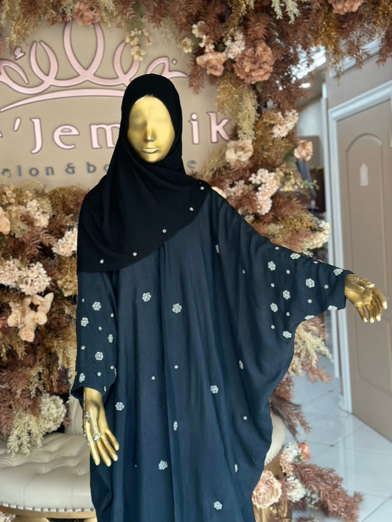 Floral Rhinestone Abaya with Hijab - Black