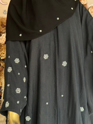 Floral Rhinestone Abaya with Hijab - Black
