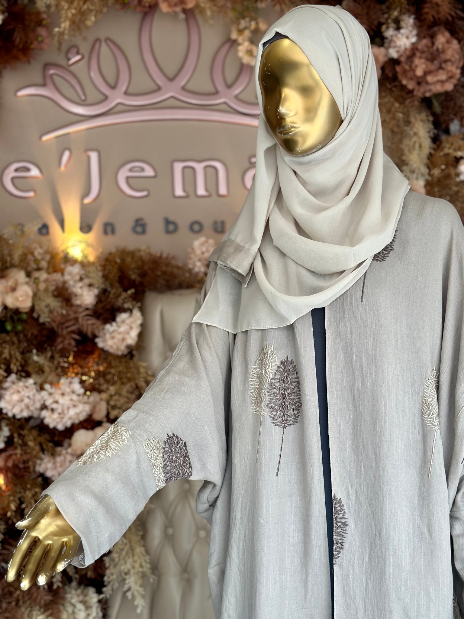 Two-Tone Leaf Open Abaya with Hijab - Beige