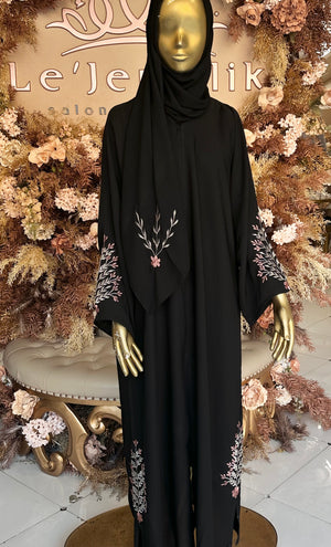 Black Floral Embroidered Abaya with Matching Hijab - Pink and Beige