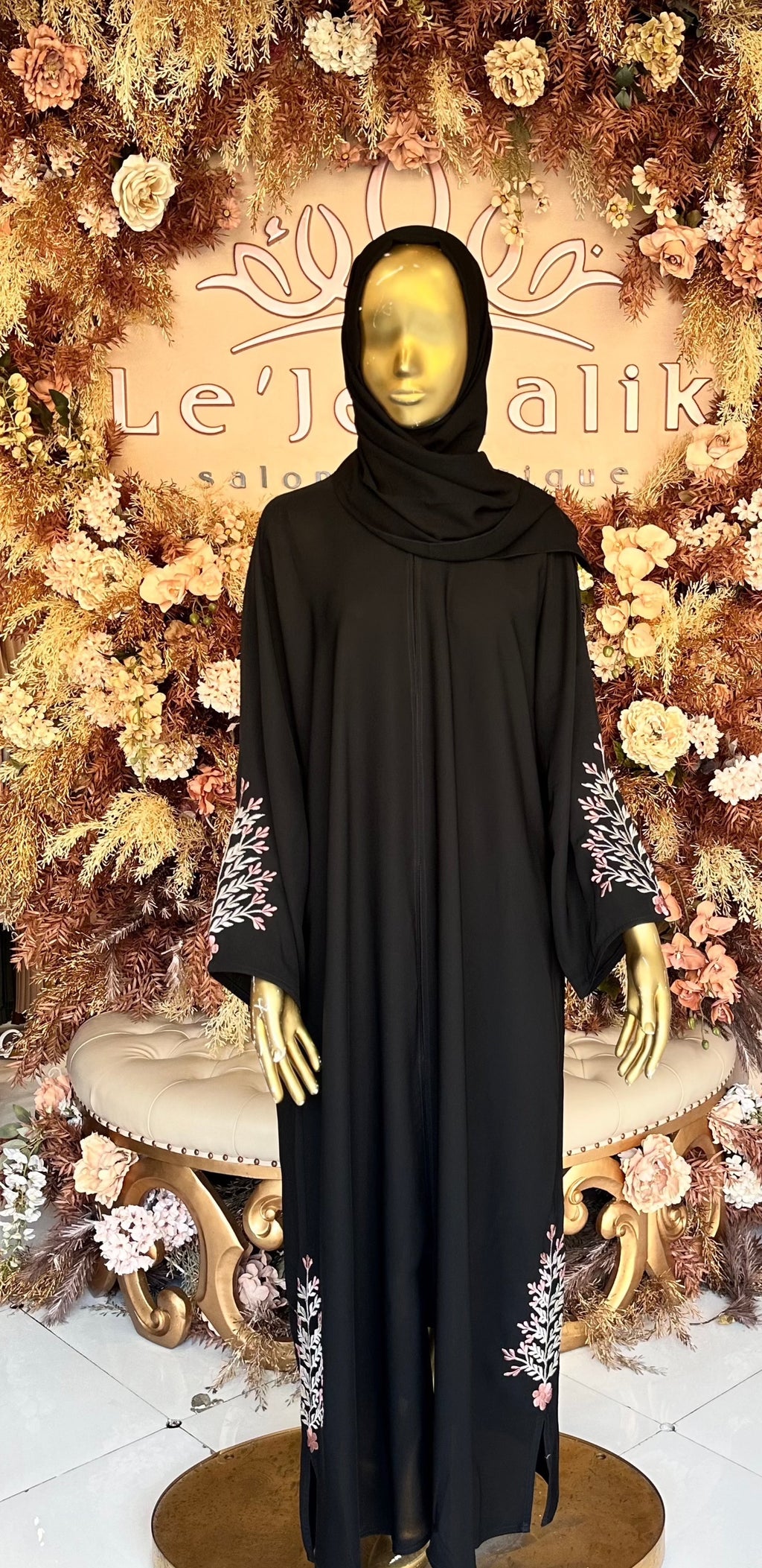 Black Floral Embroidered Abaya with Matching Hijab - Pink and Beige