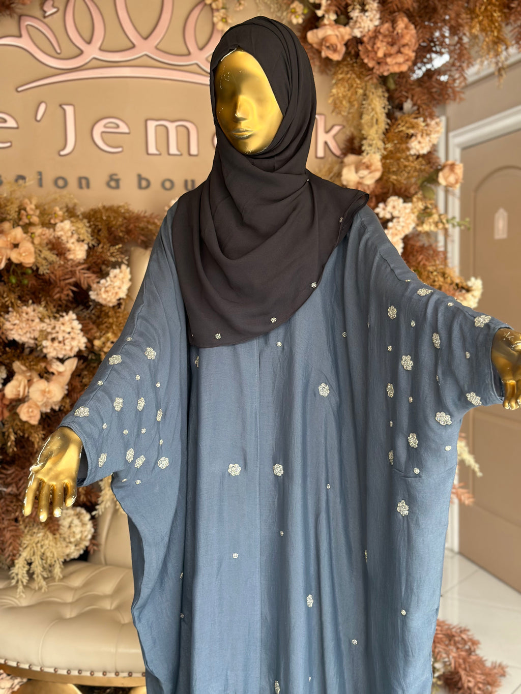 Floral Rhinestone Abaya with Hijab - Dark Grey
