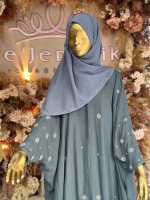 Floral Rhinestone Abaya with Hijab - Light Grey