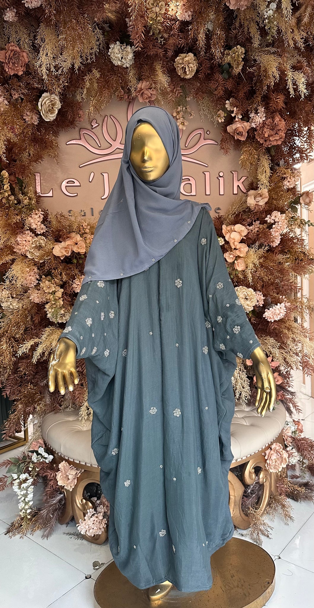 Floral Rhinestone Abaya with Hijab - Light Grey