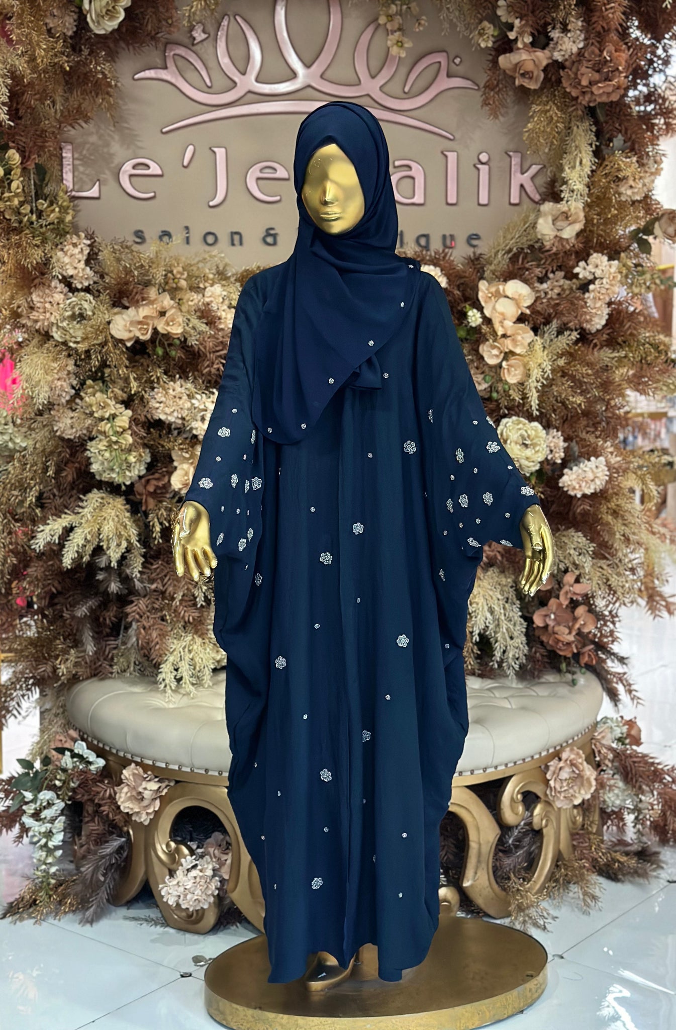 Floral Rhinestone Abaya with Hijab - Navy