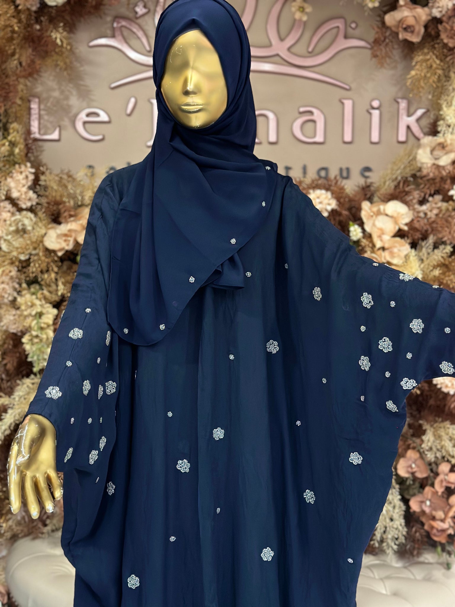 Floral Rhinestone Abaya with Hijab - Navy
