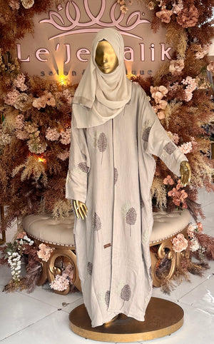 Two-Tone Leaf Open Abaya with Hijab - Beige