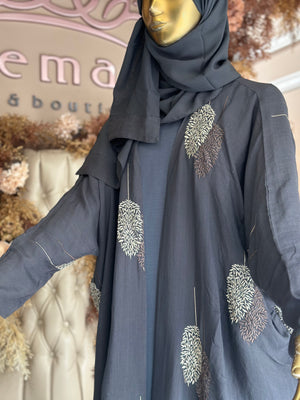 Two-Tone Leaf Open Abaya with Hijab -Grey
