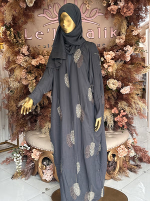 Two-Tone Leaf Open Abaya with Hijab -Grey