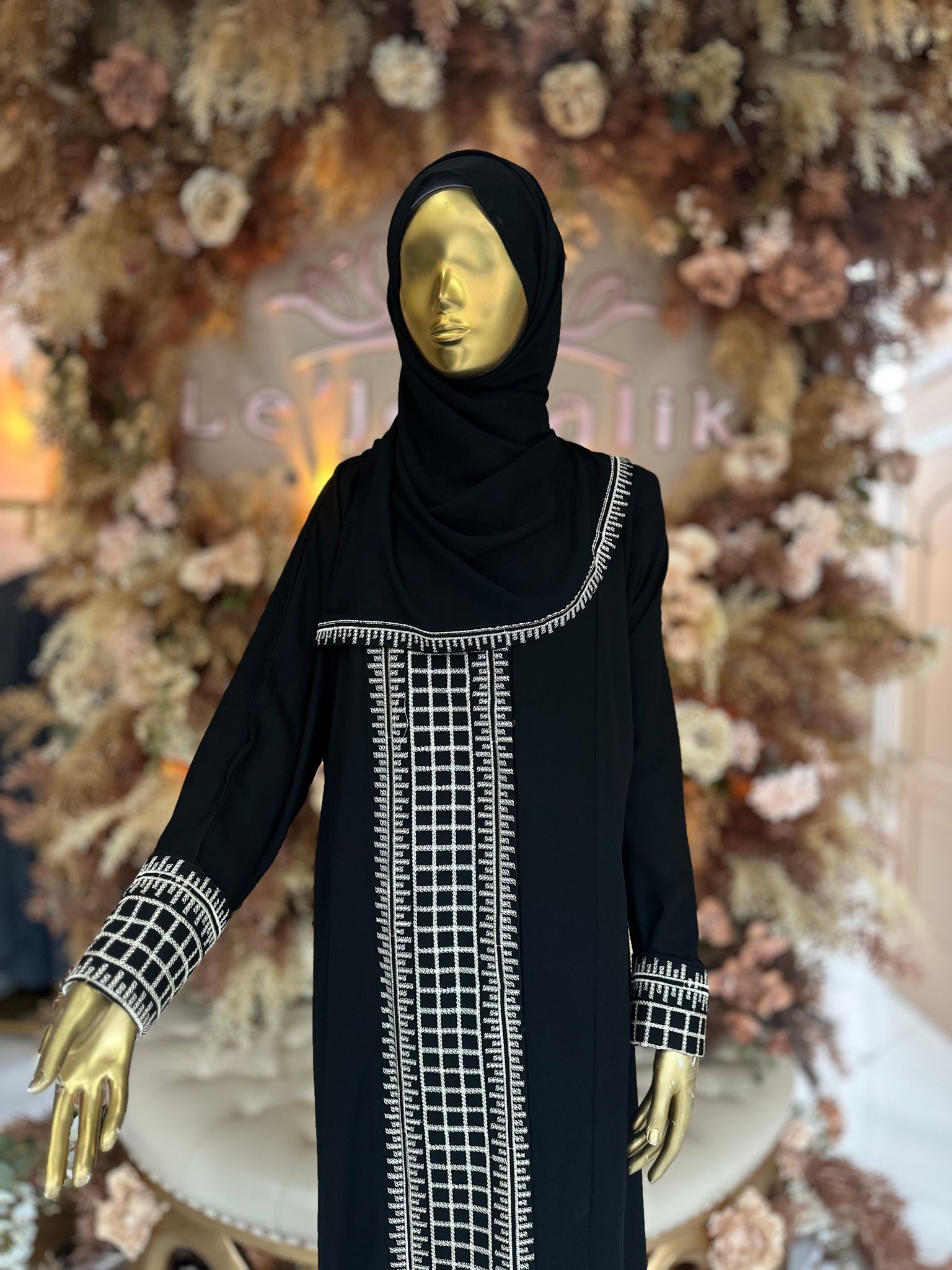 Beige on Black Embroidered Abaya W/ Matching Hijab