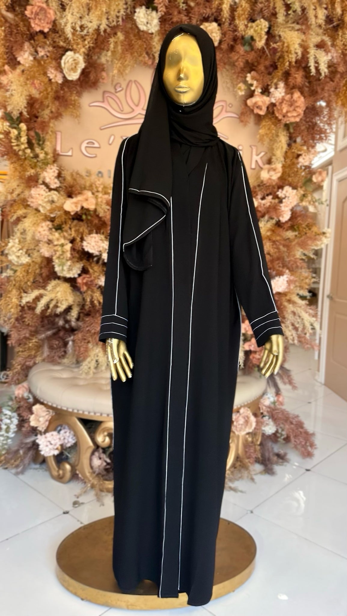 Black and White lined Abaya with Matching Hijab